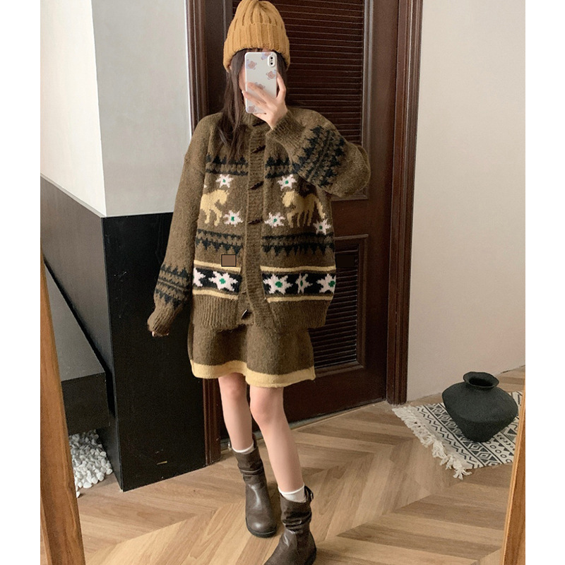复古费尔岛毛衣开衫女套装秋冬新款提花针织开衫洋气半身裙两件套|undefined