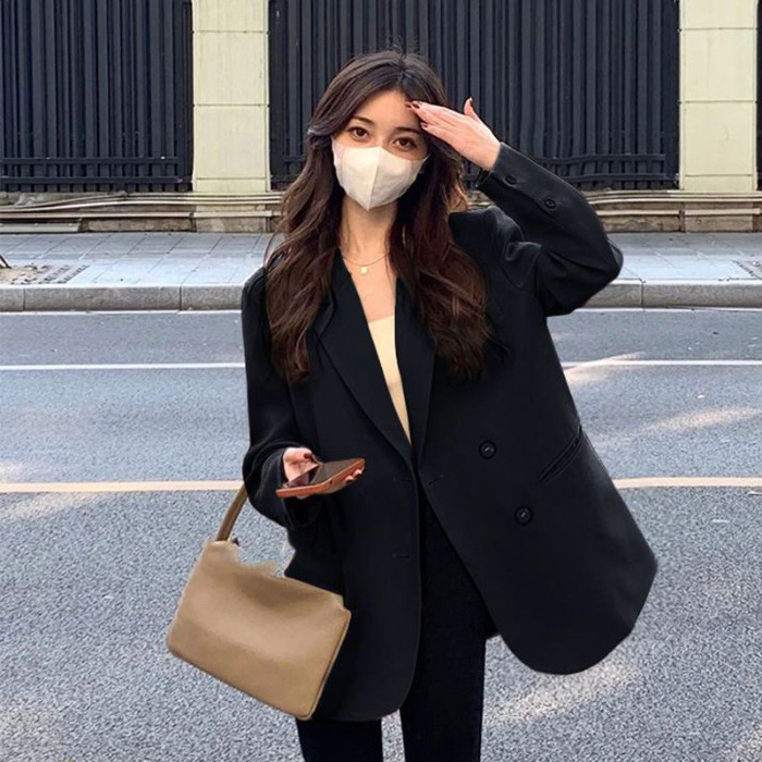 奶白色西装外套女2025春秋韩系双排扣小众百搭休闲oversize西服潮|undefined