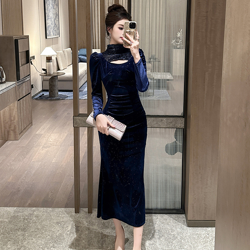 Đầm dạ hội nữ kiểu Pháp cổ tròn ôm sát hông chất nhung lấp lánh — Màu xanh lam