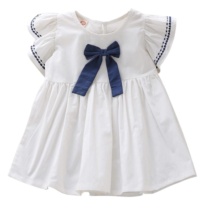 Vestido de las niñas 2023 Verano nuevos niños lindo arco A-line falda niños bordado manga corta falda
