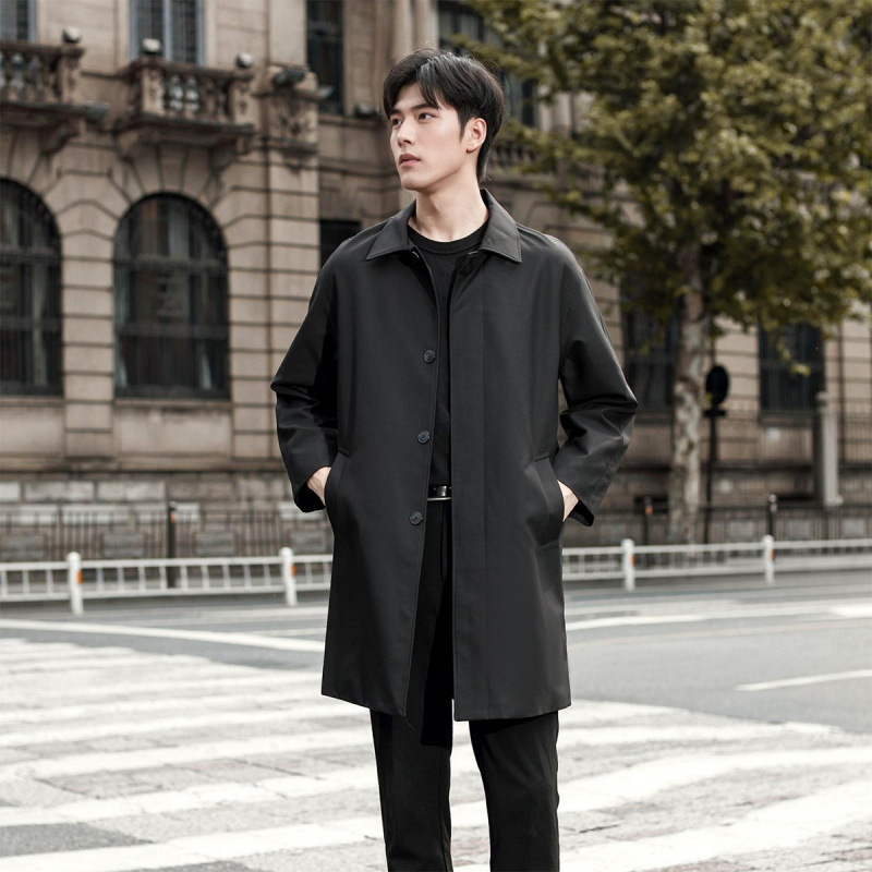 윈드 브레이커 남성 중간 길이 2024 새로운 남성 싱글 브레스트 가을 한국 스타일 코트 젊은 및 중년 남성을위한 비즈니스 캐주얼 재킷