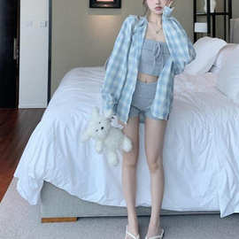 95%以上棉#蓝白格子翻领长袖衬衫女春夏季宽松显瘦中长款外套上衣