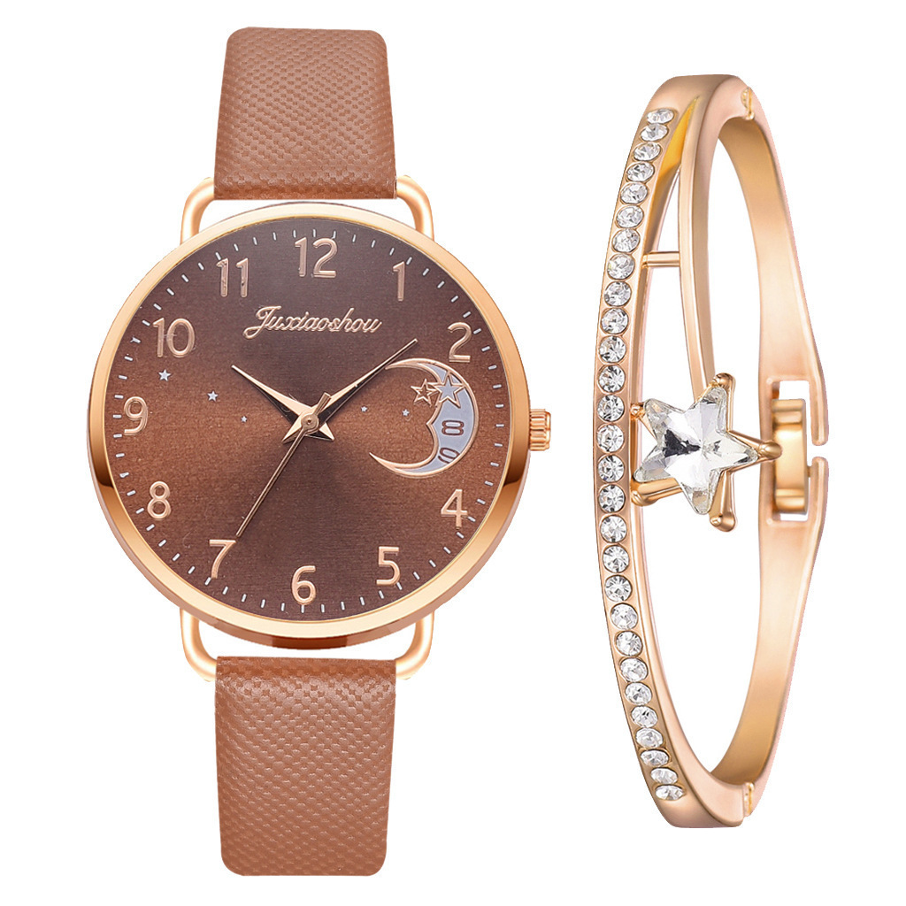 new hot women's personality quartz watch set Pu with moon pattern dial with calendar_voghion.com