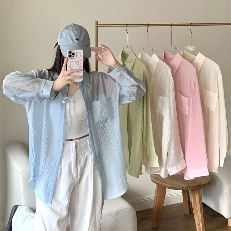 Tencel Wrinkle Sunscreen Shirt Women's 2025 Summer Lightweight Outer Wear Lazy Wind Slightly Transparent Loose Cardigan Jacket Top Tencel Wrinkle Sunscreen Shirt Women's 2025 Summer Lightweight Outer Wear Lazy Wind Slightly Transparent Loose Cardigan Jacket Top