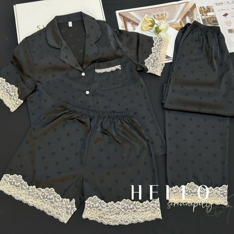 Summer Ice and Snow Silk Short Sleeve Shorts Trousers Three-Piece Set Pajamas Love Lace Sexy Home Clothes Tiktok Explosions Batch