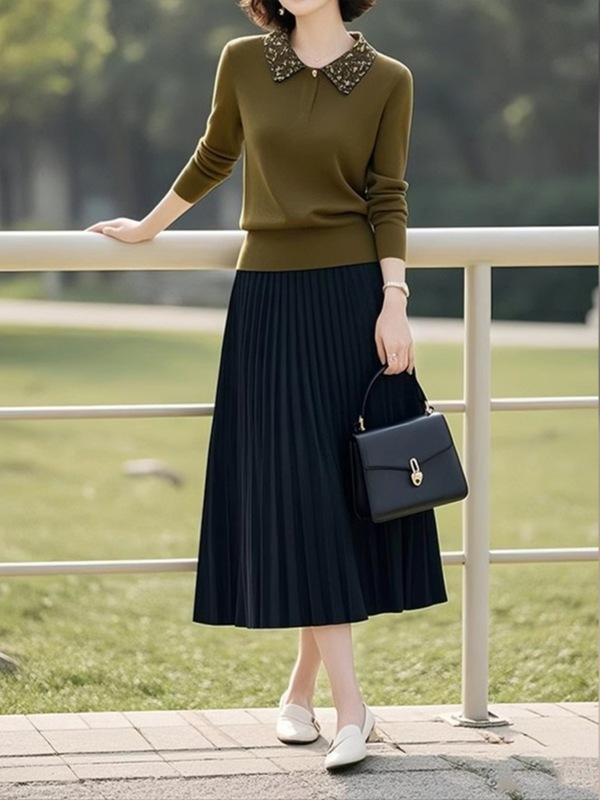 今年流行的知性套装裙女2025秋季新款polo领上衣百褶半身裙两件套|undefined