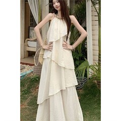 新款韩版绝美温柔风蛋糕长裙显瘦无袖挂脖连衣裙长裙女仙