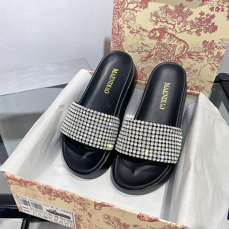 New BV King Thick Bottom Rhinestone Sandals Women's Outer Wear One-Word Drag Toothed Platform Sandals for Small Height Women's Shoes