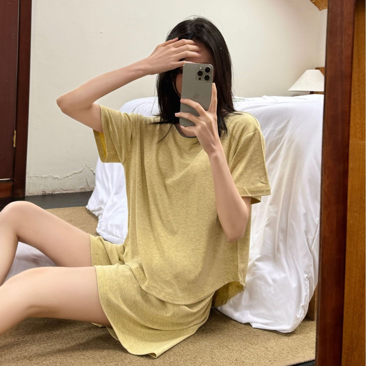 Korean Simple Pure Color Pajamas for Women Summer 2025 New Style with Chest Pad All-In-One Short-Sleeved Casual Suit Home Wear