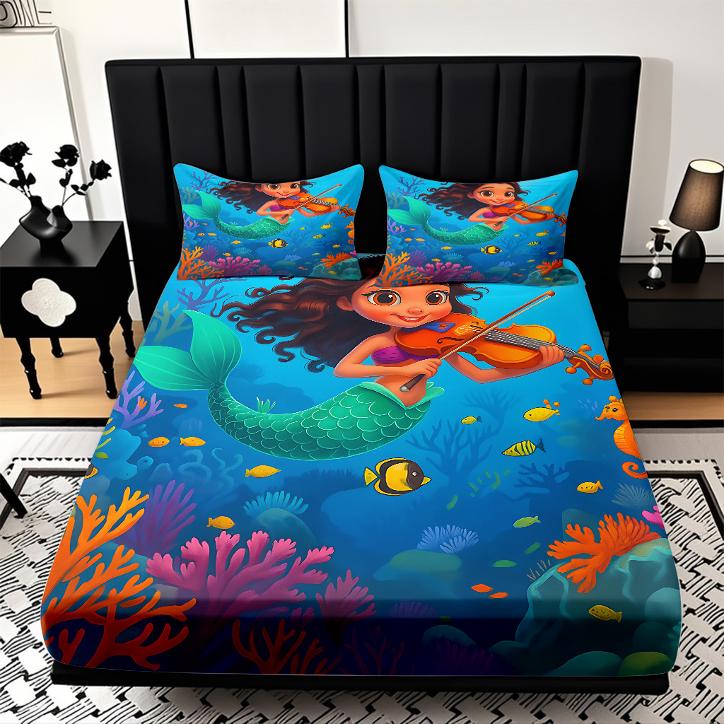 JIT modo Temu 3D impresión de caricatura sirena cama textil casera camisa ropa de cama tres piezas set transfronterizo mayorista