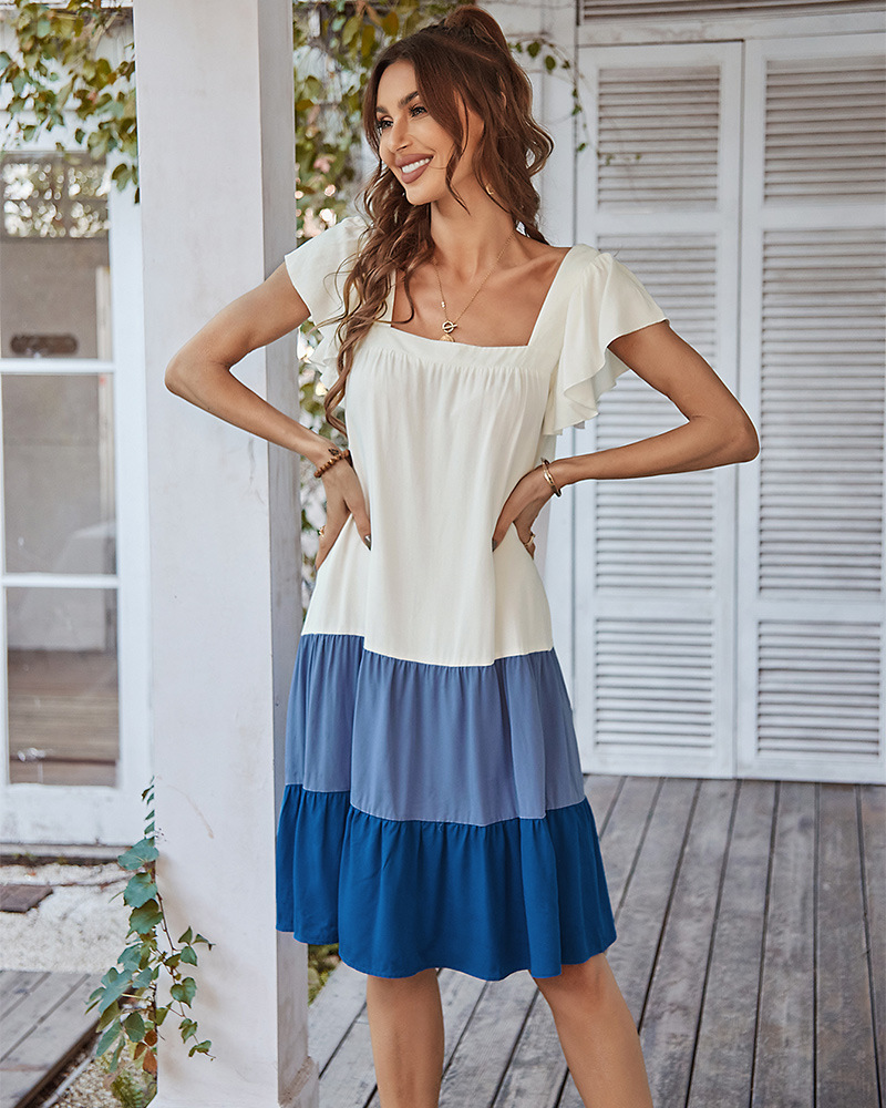 summer square neck color matching large swing casual dress  NSKA121437