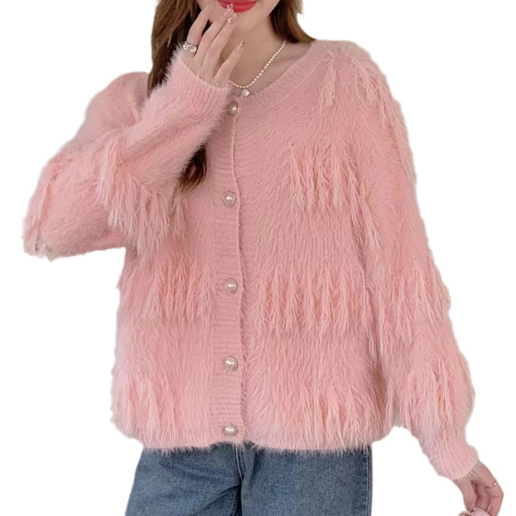 Otoño e Invierno nuevo estilo suave abrigo Faux visón terciopelo prendas de vestir exteriores suéter moda borla punto cardigan abrigo para mujeres