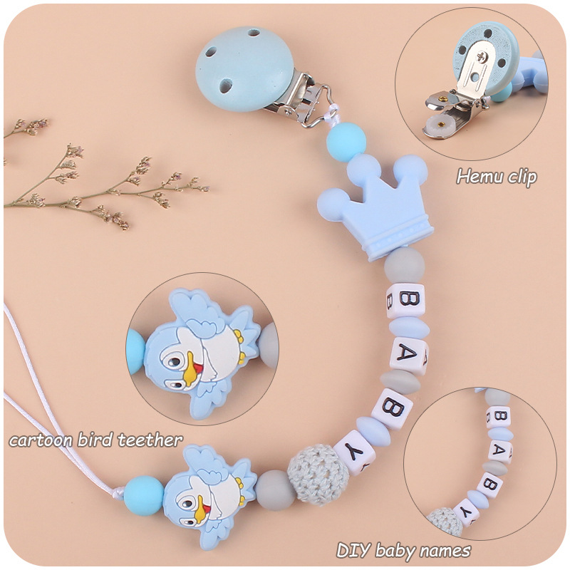 Nuevo bebé suministros de silicona chupete cadena de dibujos animados animal pájaro silicona mordedura pegamento cadena molar cadena anti-gota