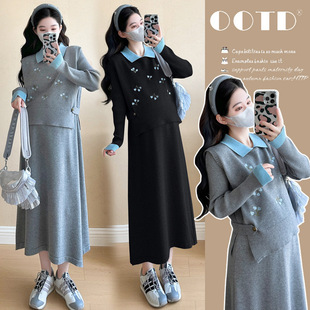 Maternity Dress 2025 New Autumn and Winter Fashionable Knitted Top and Bottom Two-Piece Set Slimming Look Sweater Skirt Suit