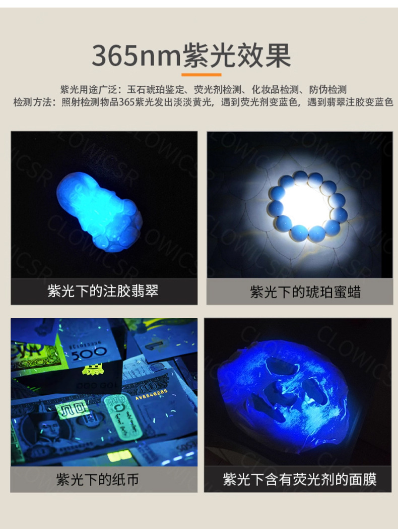 Led Flashlight with Strong Light for Jade Identification, Jewelry Appraisal, Jadeite, Antique Fluorescent Agent Detection, Ultraviolet Money Detection