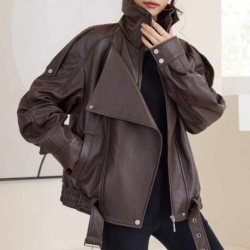 Yang Shulin Autumn and Winter Show Bubble Pattern Genuine Leather Women's Double Collar Short Motorcycle Profile Jacket Loose Coat