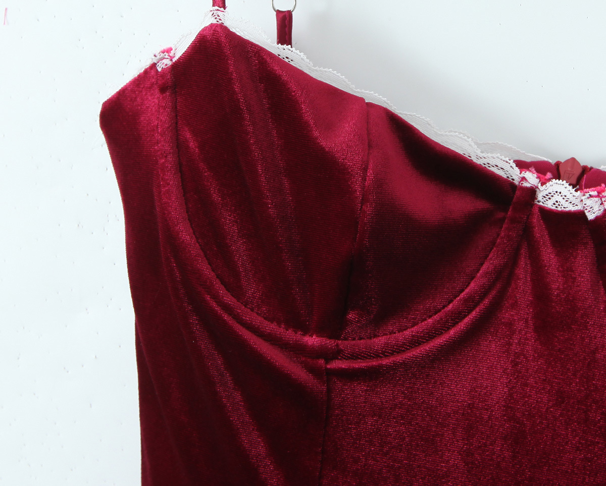 Women Velvet Three Layer Three Dimensional Steel Ring Lace Splicing Sling Dress