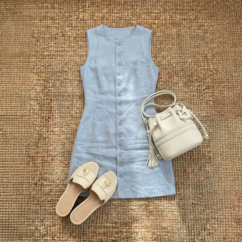 Elegant cotton-linen tank-style dress for women, new summer sleeveless button-up design, slimming blue dress for petite women