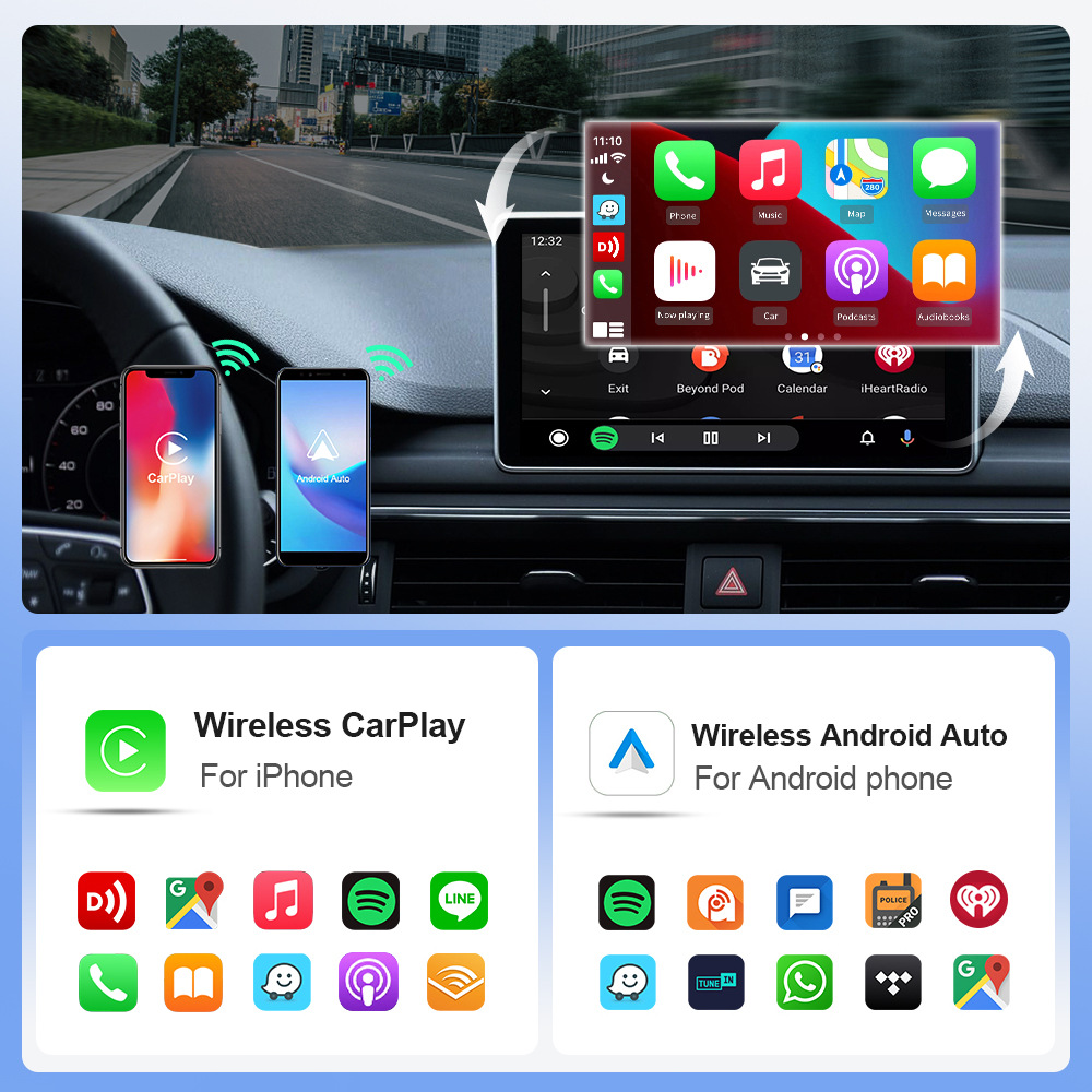 Car infotainment upgrade connectivity box: wired to wireless CarPlay and Android Auto 2-in-1 car navigation adapter