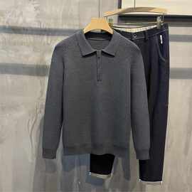 春秋新款复古纯色翻领新品衫男半拉链竖条纹新品感百搭长袖毛衣男