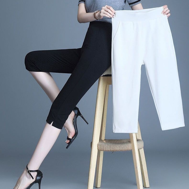 Women's Summer Thin Cropped Pants, New High-Waisted Leggings, Stretchy Casual Slimming Versatile Black and White Straight Pants