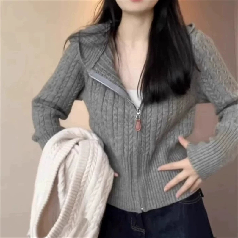 奢缇家小麻花2025冬款新款灰色毛衣女针织开衫连帽上衣女装修身|undefined