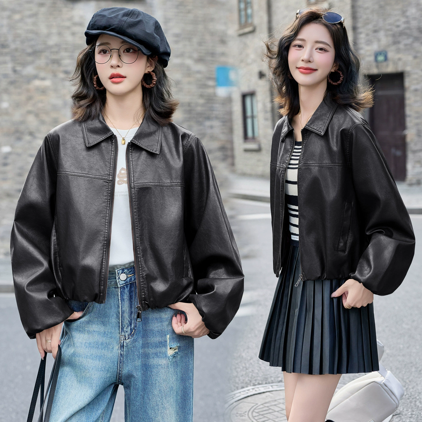 Jacket for leisure, oversize, Korean style, plus size, genuine leather