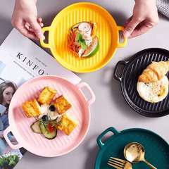 北欧インターネット有名人クリエイティブマルチカラー両耳セラミックベーキングパンオーブンベーキングパン家庭用チーズピザパンラウンドナヨウ