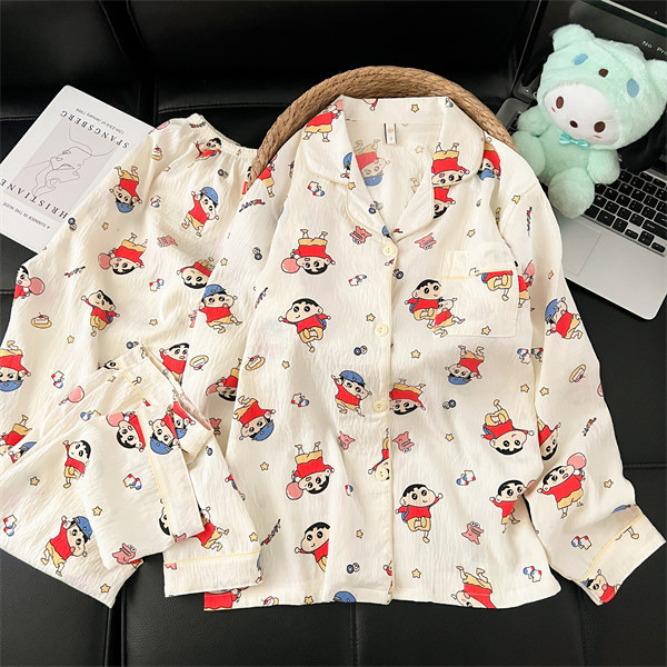 Al por mayor transfronterizo 2026 nuevo pijama de primavera y verano de mujeres nubes de algodón cardigan con solapa ropa de dibujos animados para el hogar mangas largas pantalones largos