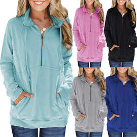 亚马逊wish2021新款欧美跨境女装长袖运动衫套头衫拉链休闲卫衣女