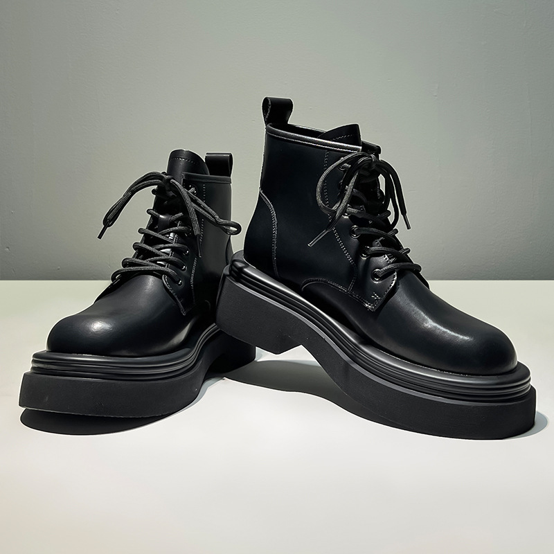 Black Men's Chunky Soled Martin Boots British Style Short Boots_voghion.com