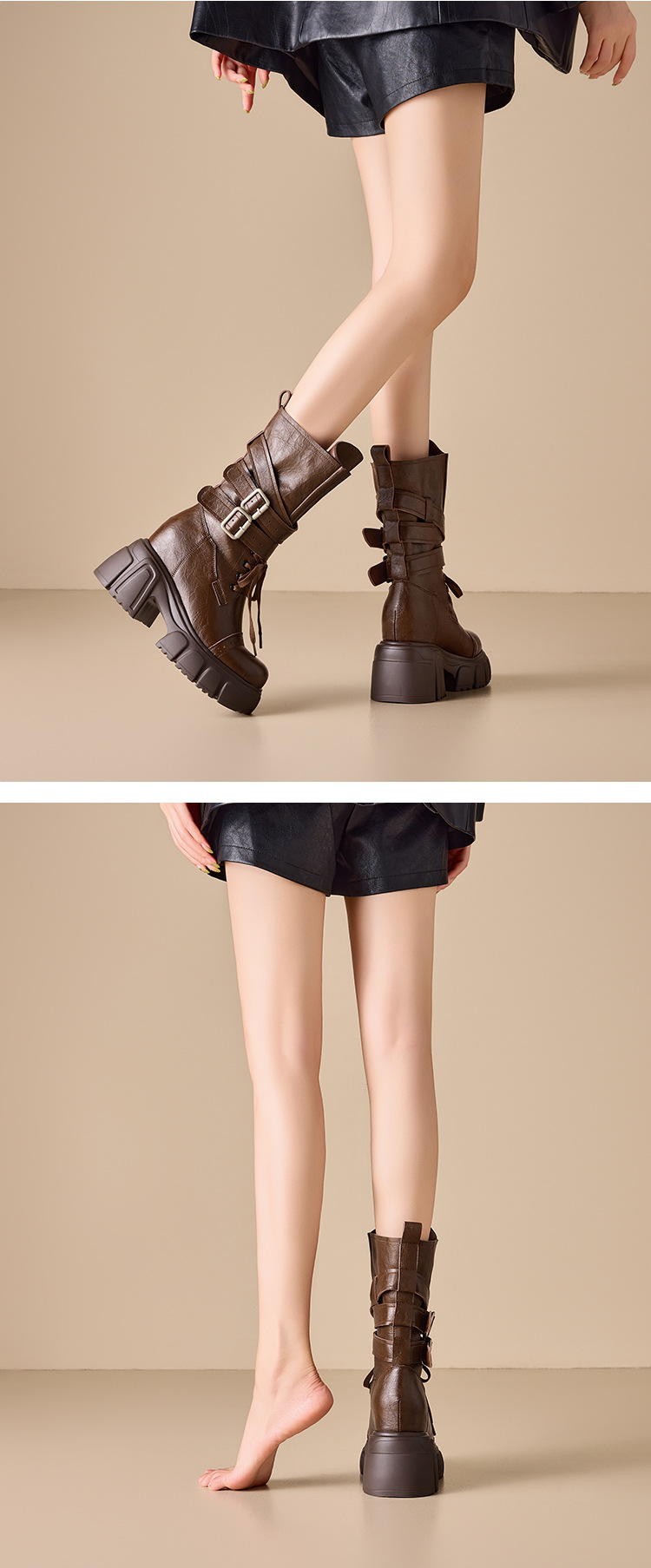 Boot nữ cổ cao ôm bắp chân đế dày 10 cm phong cách phương Tây cổ điển — Lớp lót nhung đen chi tiết 4