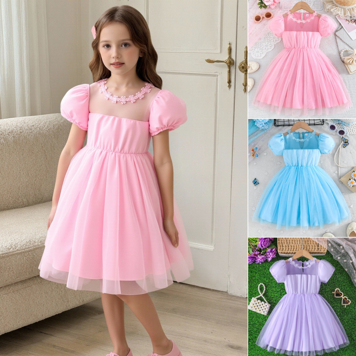 Cross-Border E-Commerce Lace Mesh Princess Sleeve Girls Mesh Solid Color Dress Source Factory Quantity Discount