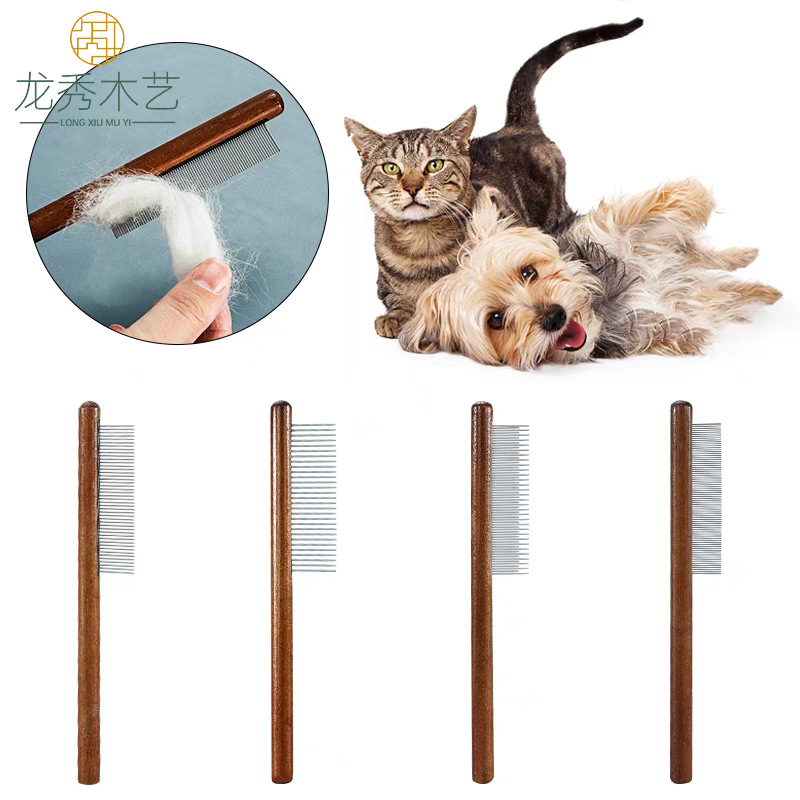 Wooden Strip Comb Cats and Dogs Universal Hair Open Knot Cleaning Comb Pet Wooden Strip Handle Steel Comb to Remove Dead Hair Stainless Steel Comb