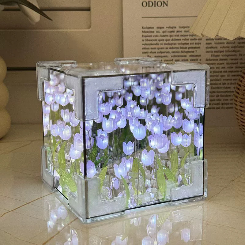 花の海ルービックキューブランプチューリップフラワーランプミラーチューリップナイトライトdiy手作りクリエイティブランプ立体ミラー|undefined