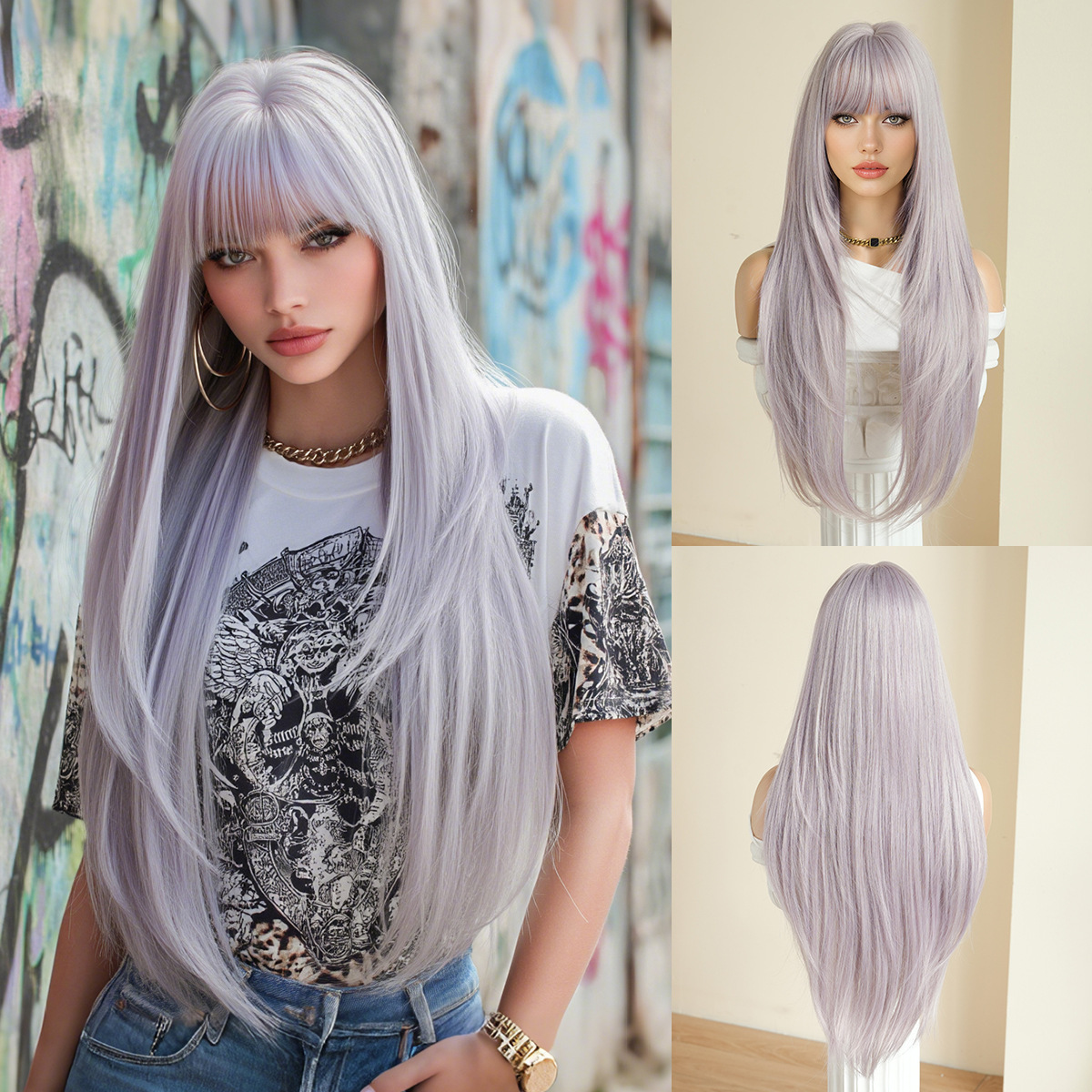 Peruca de moda femenina cara redonda capa de cabello recto super largo cabello negro completo peluca de alta calidad fibra química cubierta de cabeza