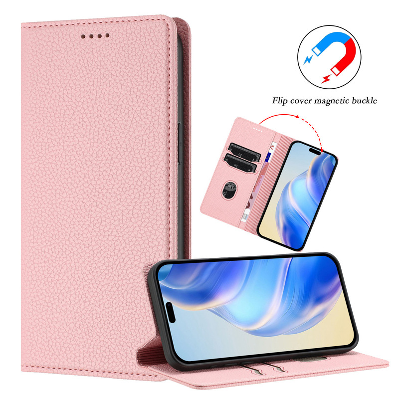 Suitable for Apple 17 Solid Color Litchi Pattern Doka Leather Case 16promax Magnetic Wallet Case Japan and South Korea Amazon Foreign Trade