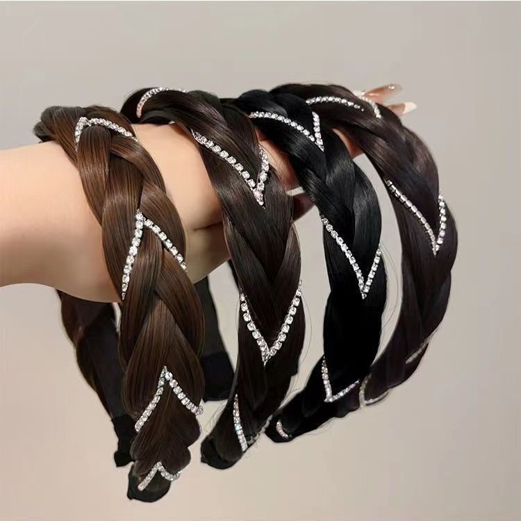 Rhinestone Fishbone trenza peluca diadema de las mujeres nuevo giro trenza pelo banda alta presión superior del cráneo clip de pelo diadema tocado