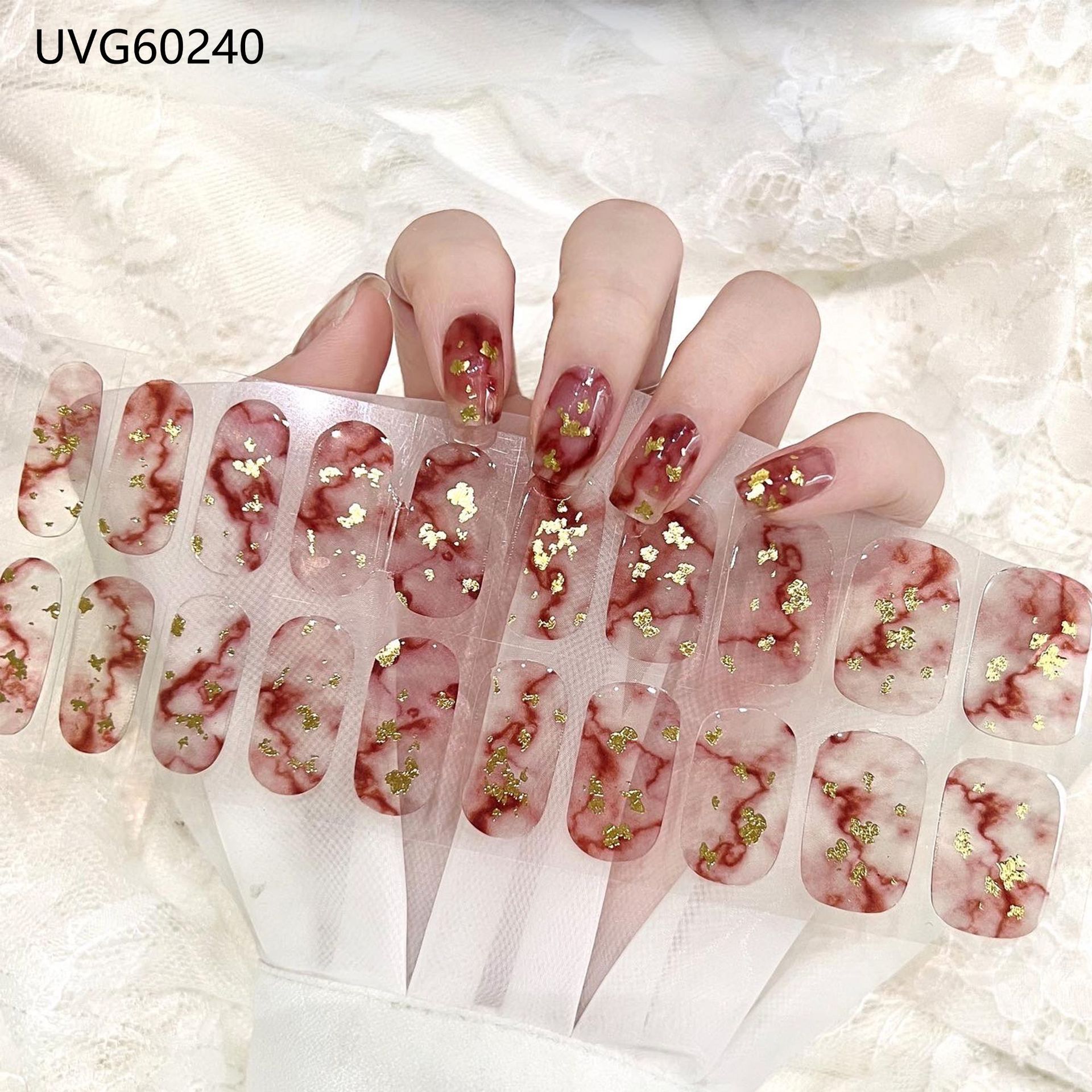 Pegatinas de uñas de gel UV transparentes efecto hielo, semicuradas, con lámina dorada, fototerapia, efecto película de aceite
