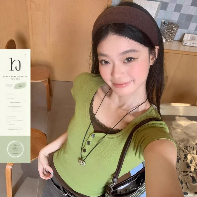 Sweet and Spicy Girl Style Green Fake Two-Piece Patchwork Short-Sleeve T-Shirt for Women, New Summer Slim-Fit Korean-Style Beautiful Top