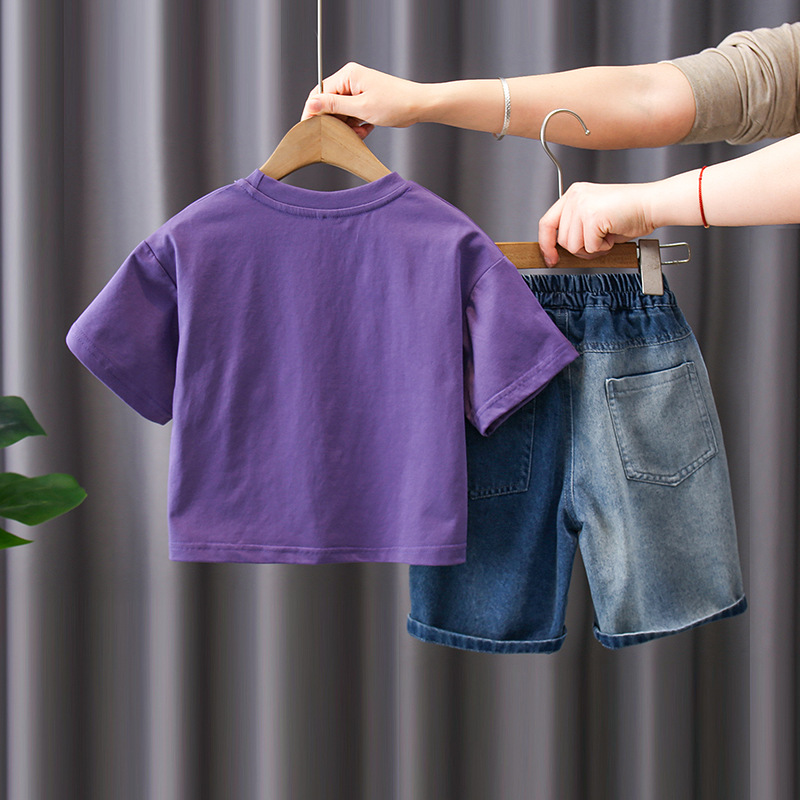 7187 Traje de verano para niños Pantalones cortos de mezclilla de manga corta con estampado de letras para niños Traje de dos piezas Moda de verano para bebés