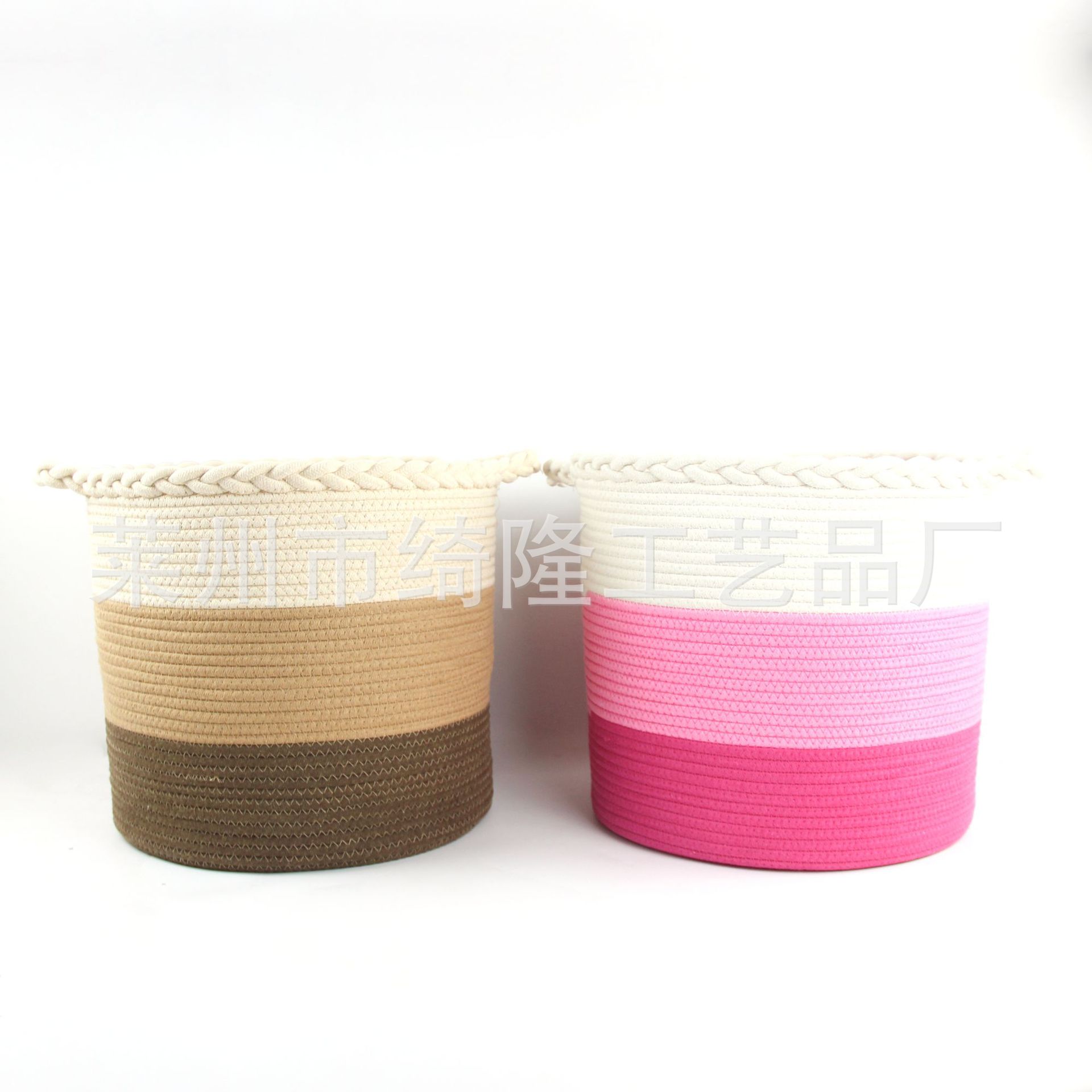 家用棉线收纳筐可手提拼接色棉绳编织零食玩具整理篮卧式脏衣桶