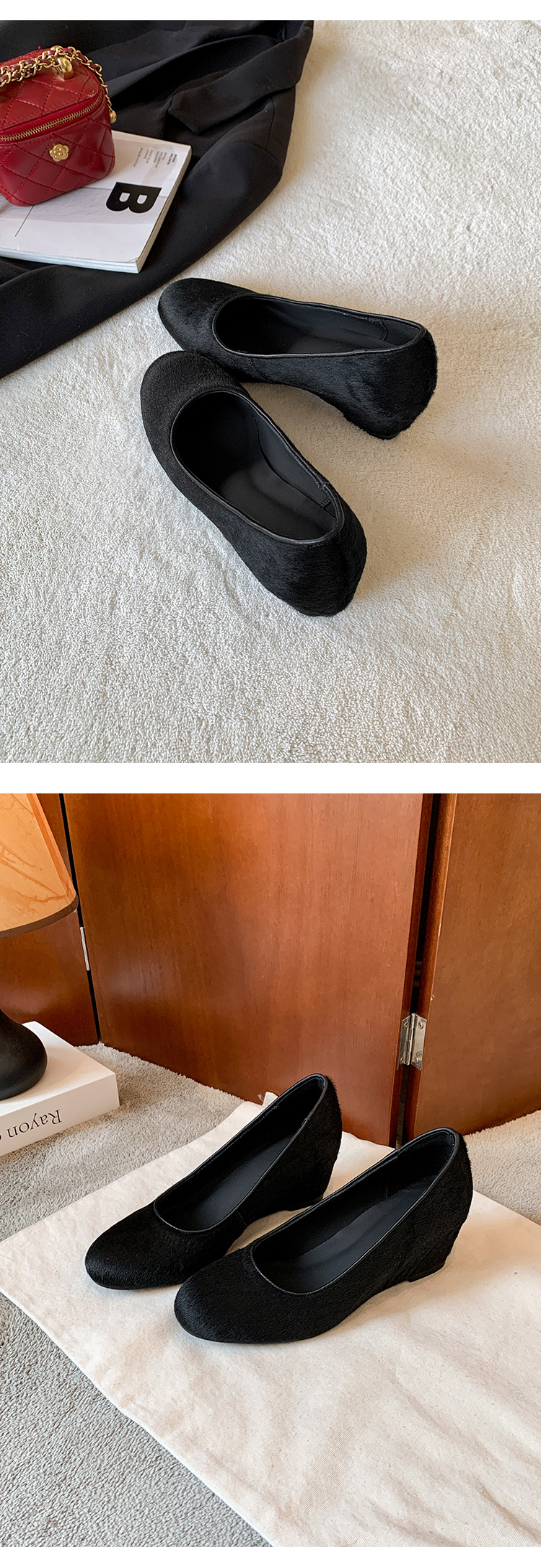 Giày cao gót nữ đế xuồng platform da bò họa tiết da báo, mũi tròn, dáng slip-on, gót ước lượng 6-8 cm — màu đen chi tiết 18