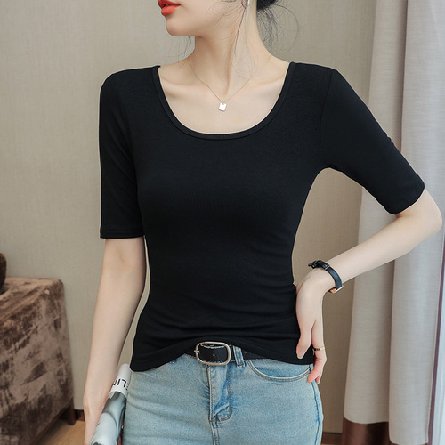 Black Mid-Sleeve T-Shirt for Women, 2025 Spring/Summer—Stylish Designer Top with Slim-Fit, Cropped 3/4-Sleeve Base Layer