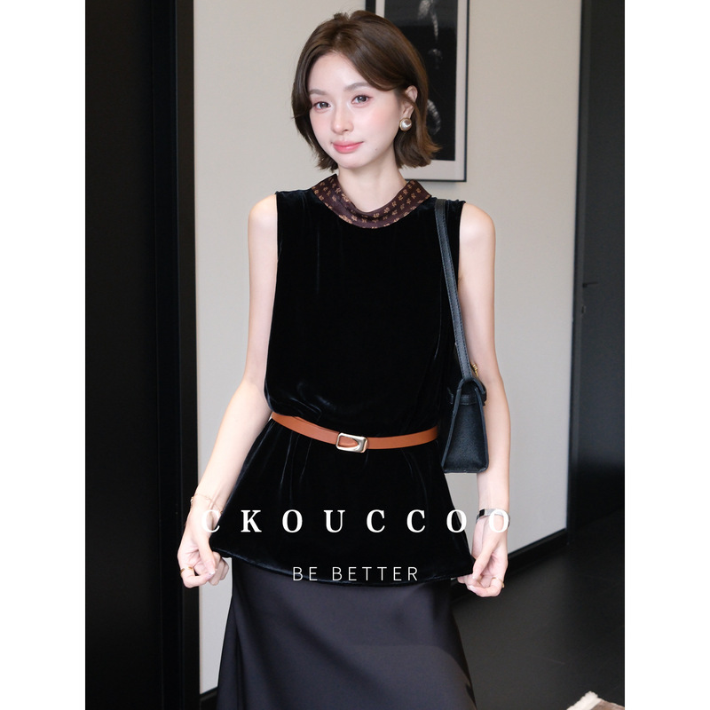 Rongtai Vintage Xiangyunsha Half-High Collar Embossed Silk Velvet Shirt for Women, Sleeveless, Waist-Cinching, Elegant Mulberry Silk Top