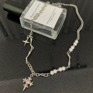 粉色爱心拼接十字架珍珠项链女甜酷轻奢锁骨链ins嘻哈辣妹配饰品