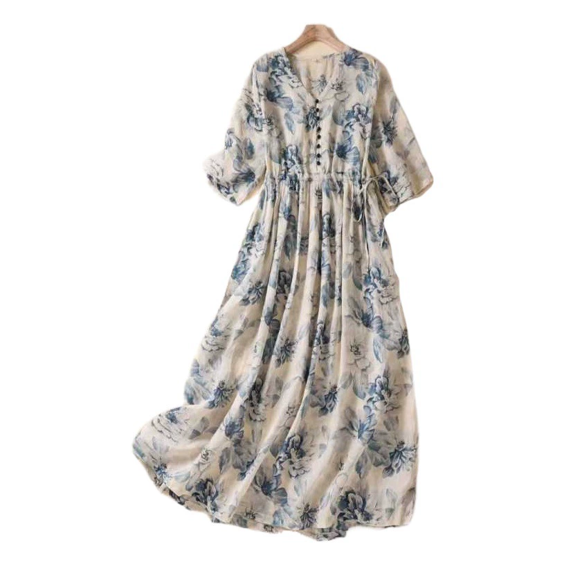 2024 новый художественный ретро темперамент нежный элегантный западный стиль V-образным вырезом с принтом плиссированные большие качели платье для женщин