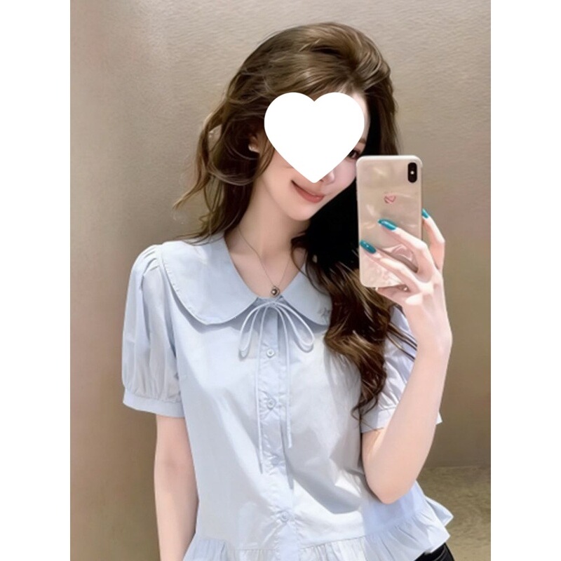 Sweet Short-Sleeved Simple Blouse Top 2026 Summer New Style Doll Collar Tie Cute Age-Reducing Shirt to Cover the Belly Sweet Short-Sleeved Simple Blouse Top 2026 Summer New Style Doll Collar Tie Cute Age-Reducing Shirt to Cover the Belly