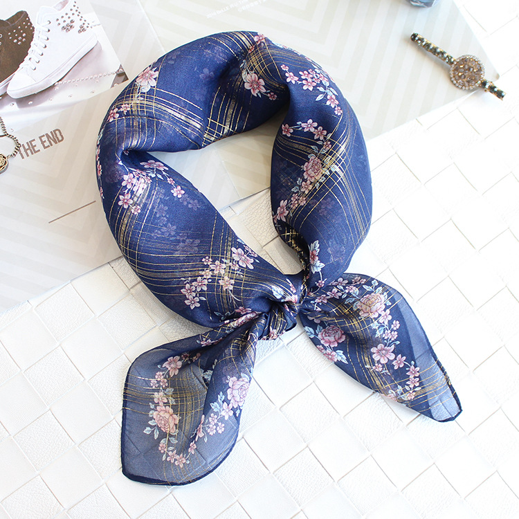 新牡丹花静雅风金丝真丝70小方巾女士桑蚕丝百搭春秋气质百搭围巾