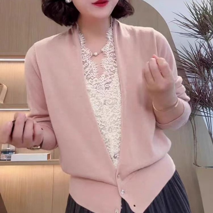 一件代发2025早春新品年轻妈妈洋气春装蕾丝假两件打底针织衫上衣|undefined